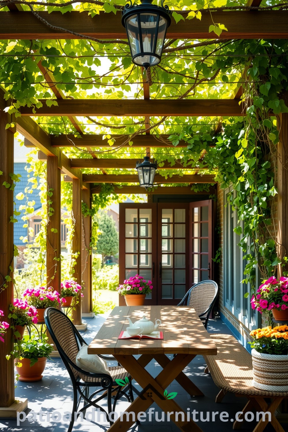 Outdoor scene featuring a floral wooden pergola draped in lush vines, surrounded by colorful potted flowers, a rustic wooden table set for tea, filtered sunlight, and the sounds of nature, bringing cozy and inviting decor inspirations for your home to life on fireplacesandwoodstoves.com.