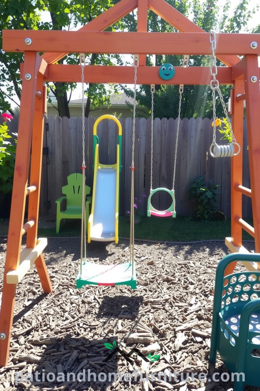 A vibrant multi-activity play center in a backyard, featuring a sturdy wooden frame, colorful swings, a shining slide, and a sand pit, surrounded by garden flowers, creating a playful and cozy atmosphere, perfect for children