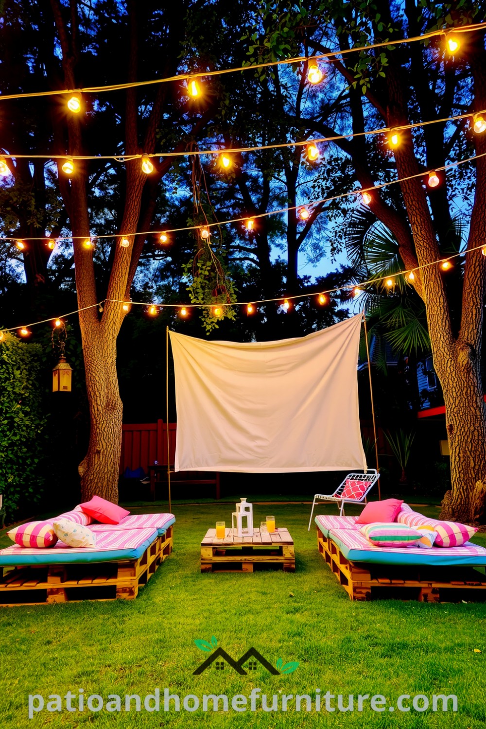 Outdoor movie night setup with a canvas screen, colorful cushion-topped wooden pallets, twinkling fairy lights, and the aroma of popcorn, creating a cozy and inviting atmosphere for gatherings, featured on fireplacesandwoodstoves.com.