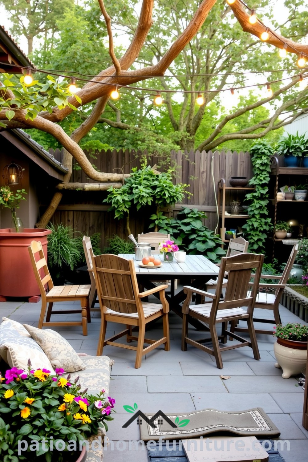 Cozy backyard patio with weathered wooden furniture, mismatched chairs, lush greenery, and colorful flowers, illuminated by string lights, showcasing unique ideas for outdoor decor at fireplacesandwoodstoves.com.