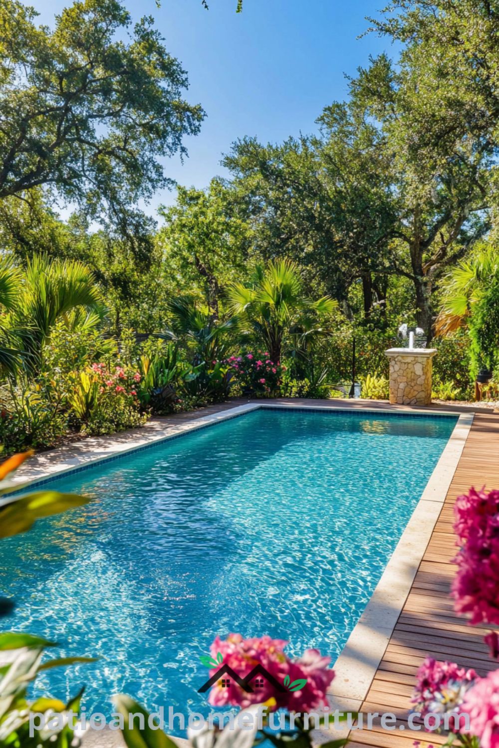 Beautiful above ground pool oasis from patioandhomefurniture.com featuring a wooden deck, lush backyard landscaping, and affordable pool ideas backyard for a serene outdoor retreat.