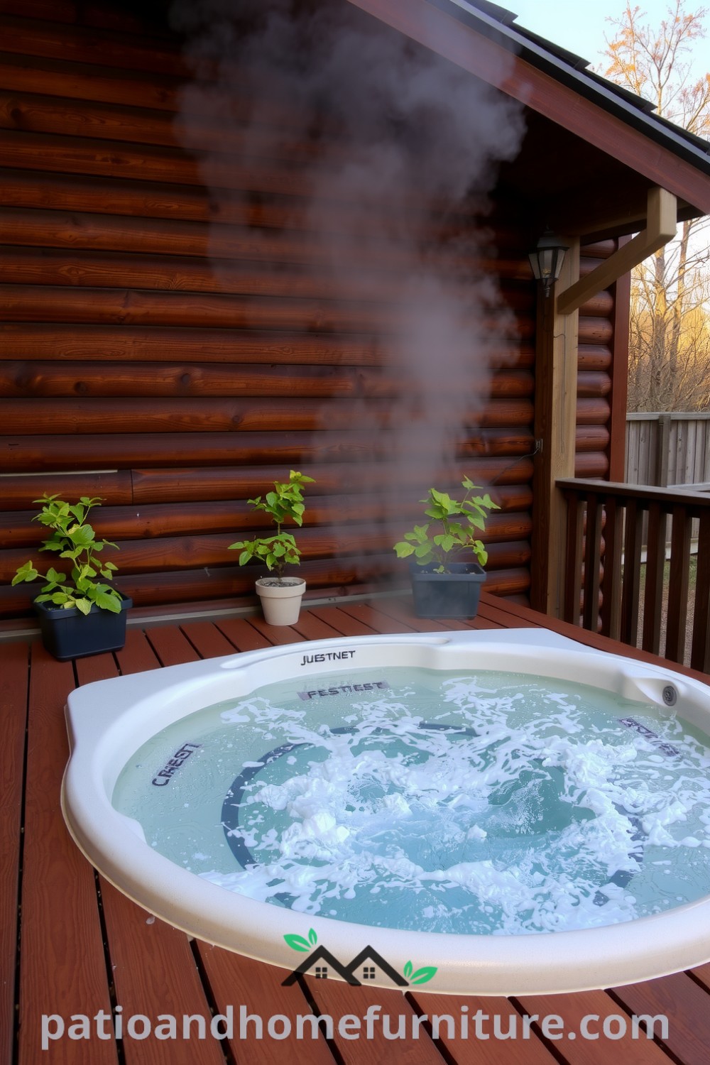 Built-in hot tub surrounded by a wooden deck and potted plants, with steam rising from the water, creating a serene ambiance, showcasing cozy ideas for home design inspirations at fireplacesandwoodstoves.com.