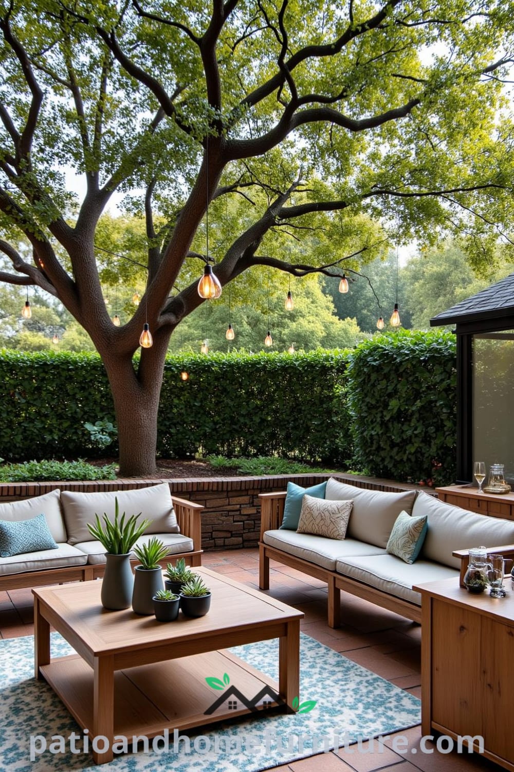 Cozy wooden patio furniture with potted succulents under an oak tree, adorned with twinkling string lights, creating a warm, inviting atmosphere ideal for gatherings and relaxation, with unique ideas for your home at fireplacesandwoodstoves.com.