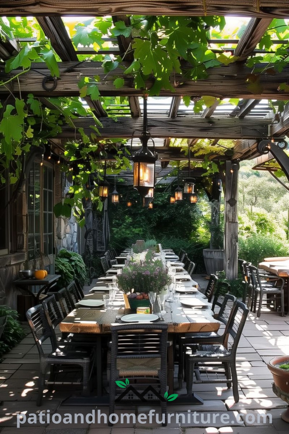 Cozy outdoor dining area with wooden tables and chairs under a pergola, surrounded by greenery, showcasing unique decor ideas and inspirations for a cozy home, featured on wellnesswink.com.