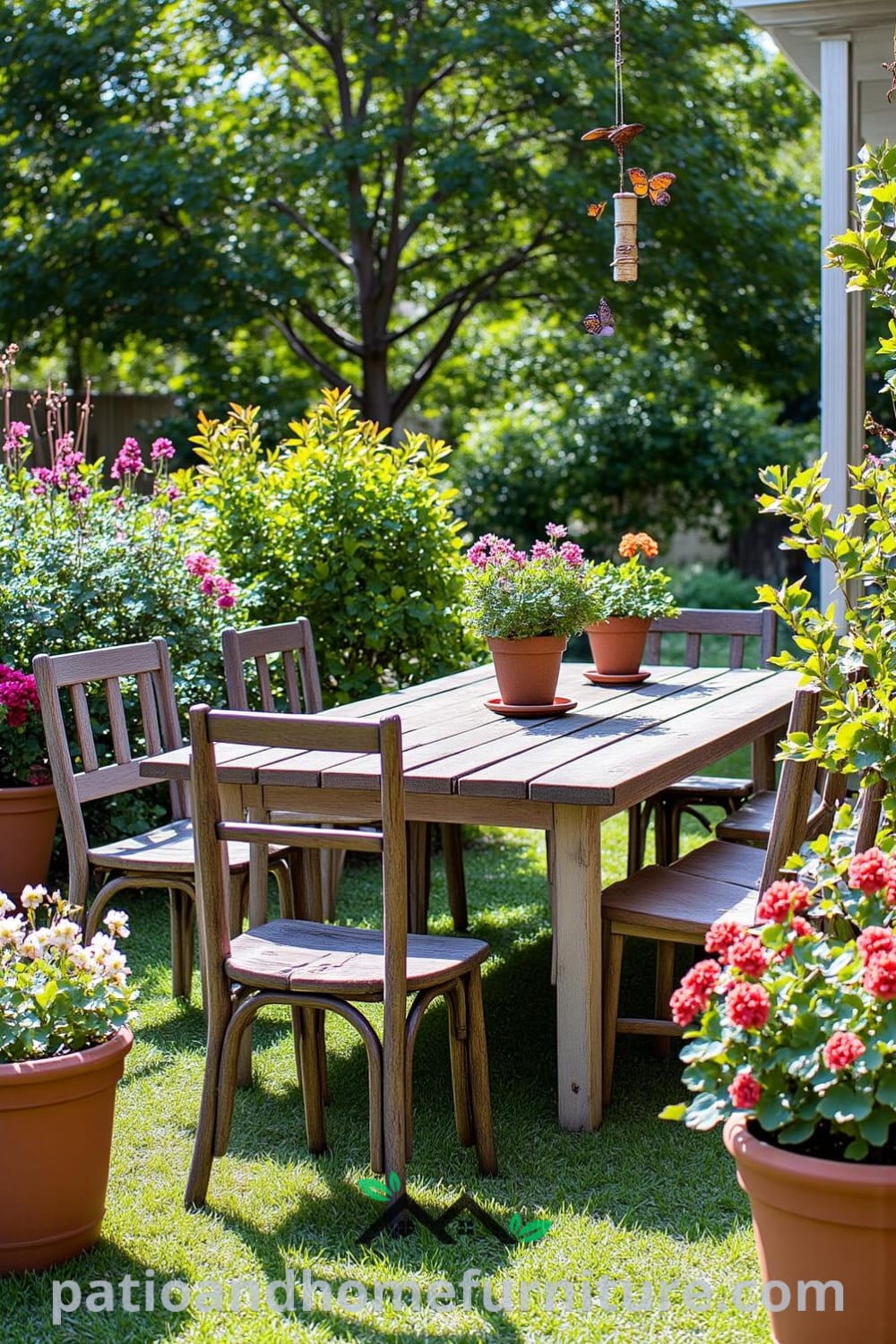 Backyard picnic area with a weathered wooden table, mismatched chairs, blooming flowers in terracotta pots, and green plants, creating a cozy outdoor retreat ideal for gatherings, featuring wind chimes and a serene atmosphere. Visit fireplacesandwoodstoves.com for cozy decor ideas.