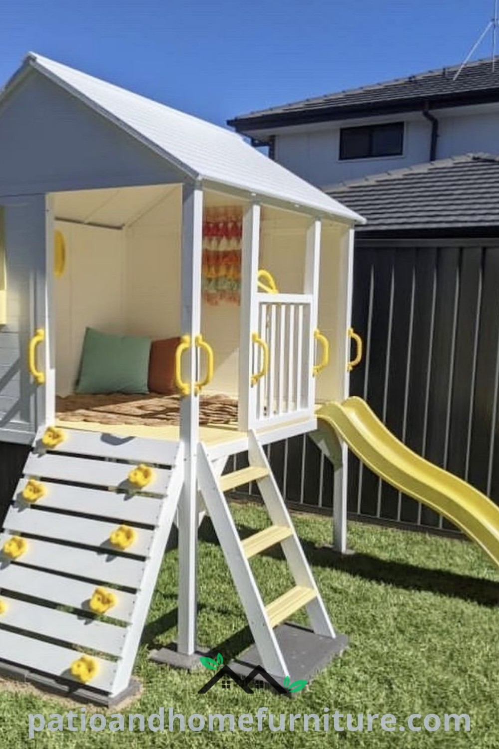 A vibrant backyard play area showcasing a cozy playhouse with a slide, designed for kids