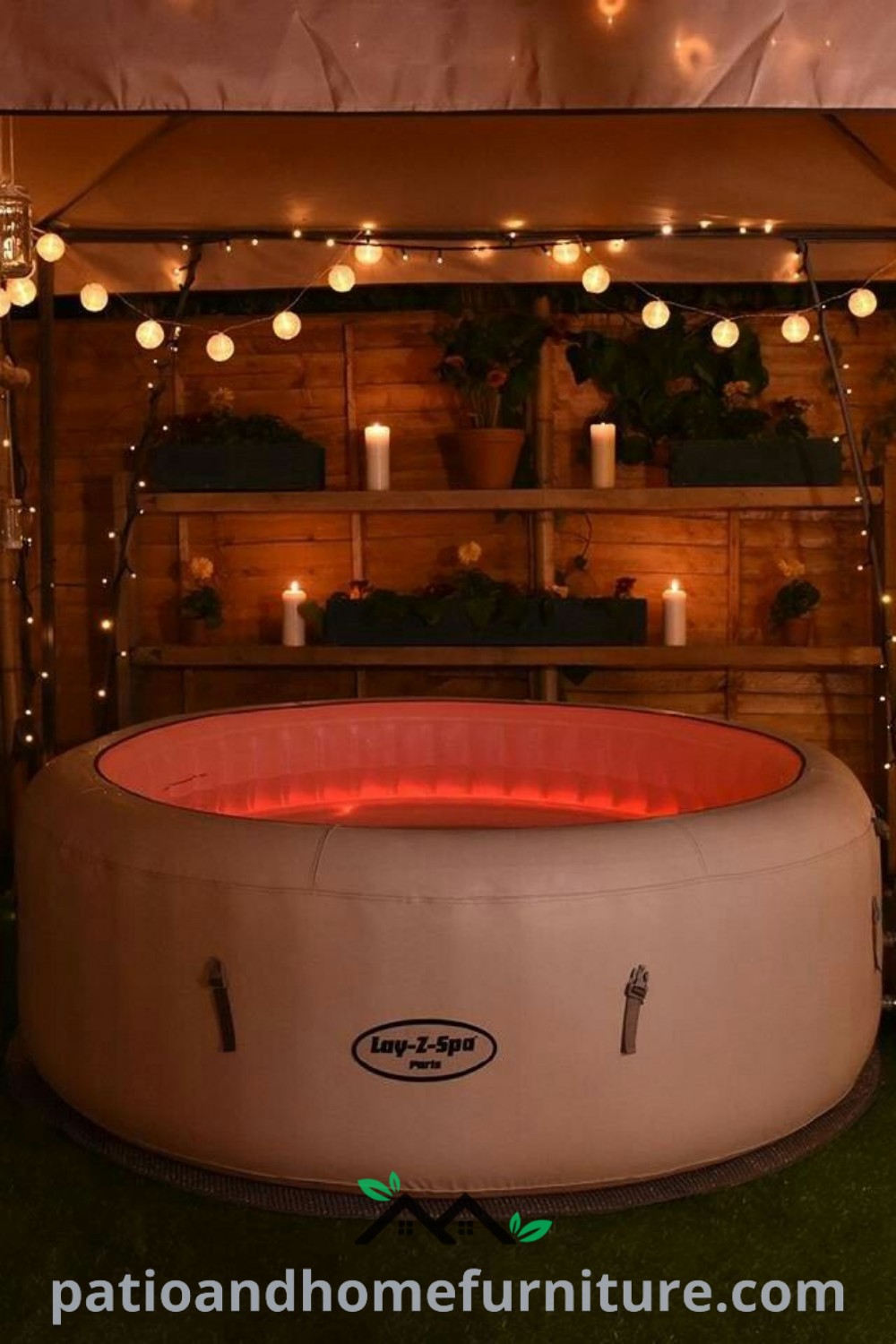 Inflatable hot tub surrounded by string lights, creating a cozy outdoor oasis ideal for relaxation and gatherings, featuring inviting decor and a charming ambiance. Visit wellnesswink.com for unique ideas and inspirations.
