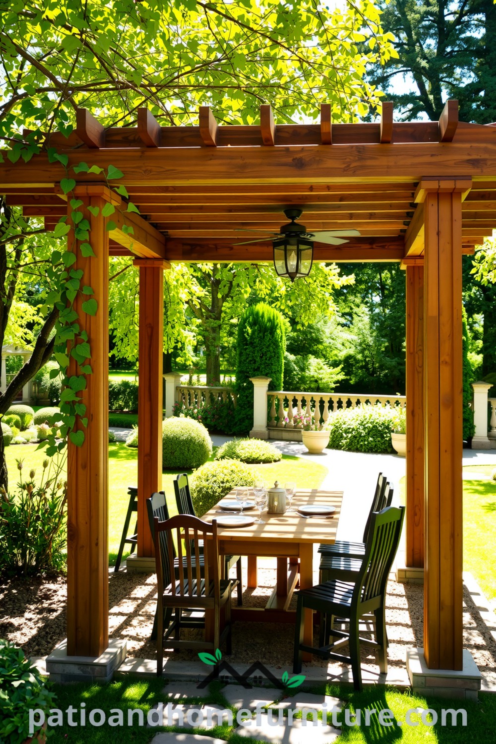 Classic wooden pergola in a sun-drenched garden with climbing vines, a rustic wooden table set for gatherings, and mismatched chairs, creating a warm and inviting atmosphere perfect for summer days, showcasing unique ideas for cozy outdoor decor at fireplacesandwoodstoves.com.
