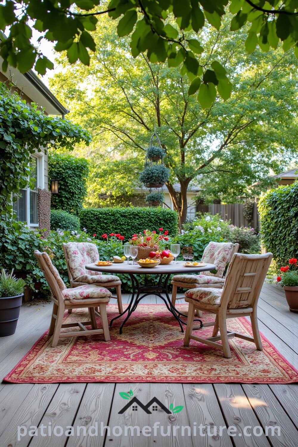 Sunlit backyard featuring a cozy wooden deck with mismatched patio chairs and a rustic dining table surrounded by vibrant flowers and greenery, offering unique decor inspirations for your home on fireplacesandwoodstoves.com.