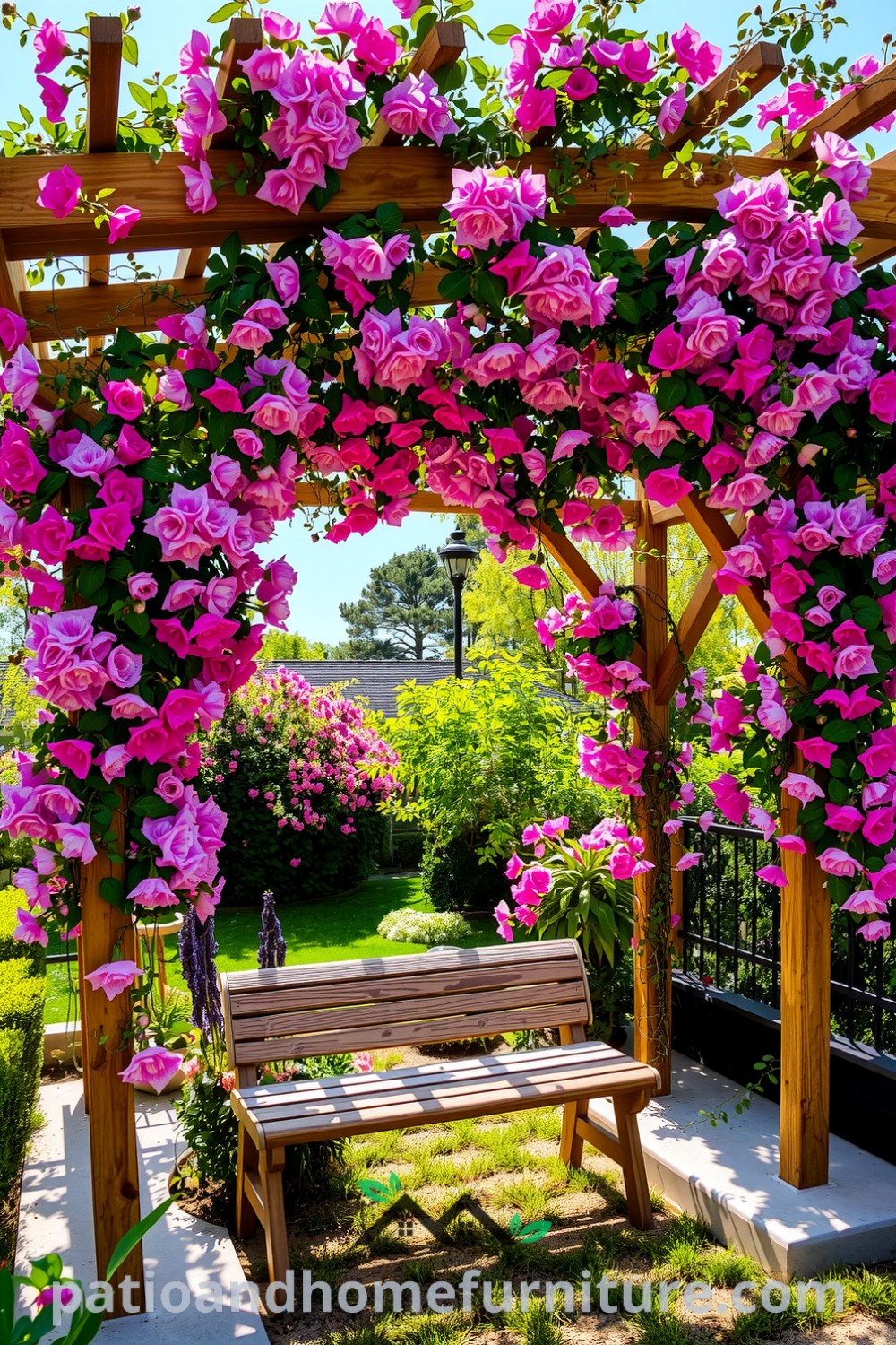 A cozy floral pergola with vibrant blooms and climbing vines in a sunlit garden, featuring a weathered wooden bench beneath, creating an inspiring retreat for relaxation, ideal for unique home decor ideas. Visit fireplacesandwoodstoves.com for more decor inspirations.