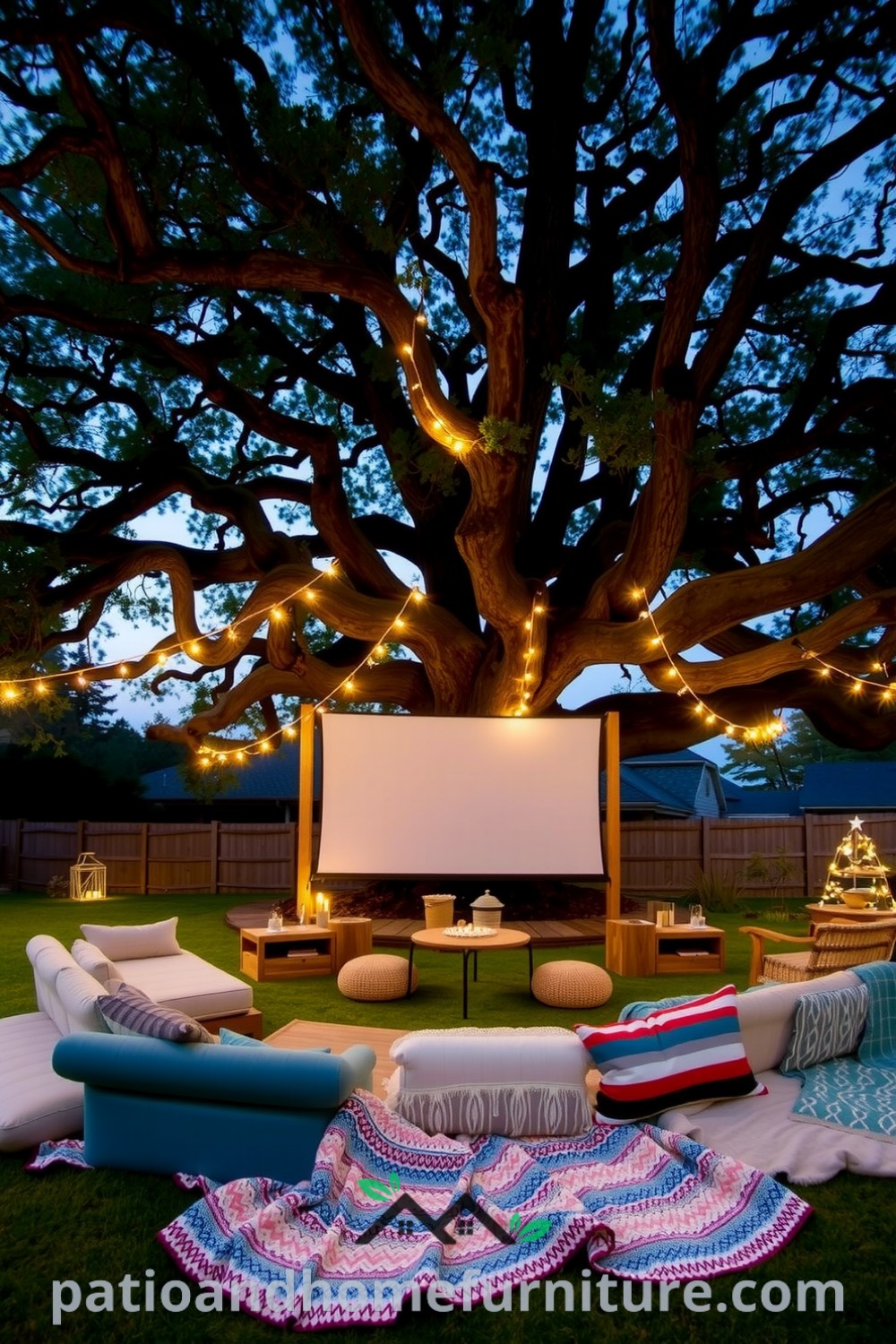 Cozy backyard cinema with a weathered wooden screen, surrounded by plush blankets and cushions under an oak tree, illuminated by warm fairy lights, creating an inviting and charming atmosphere, featured on fireplacesandwoodstoves.com.