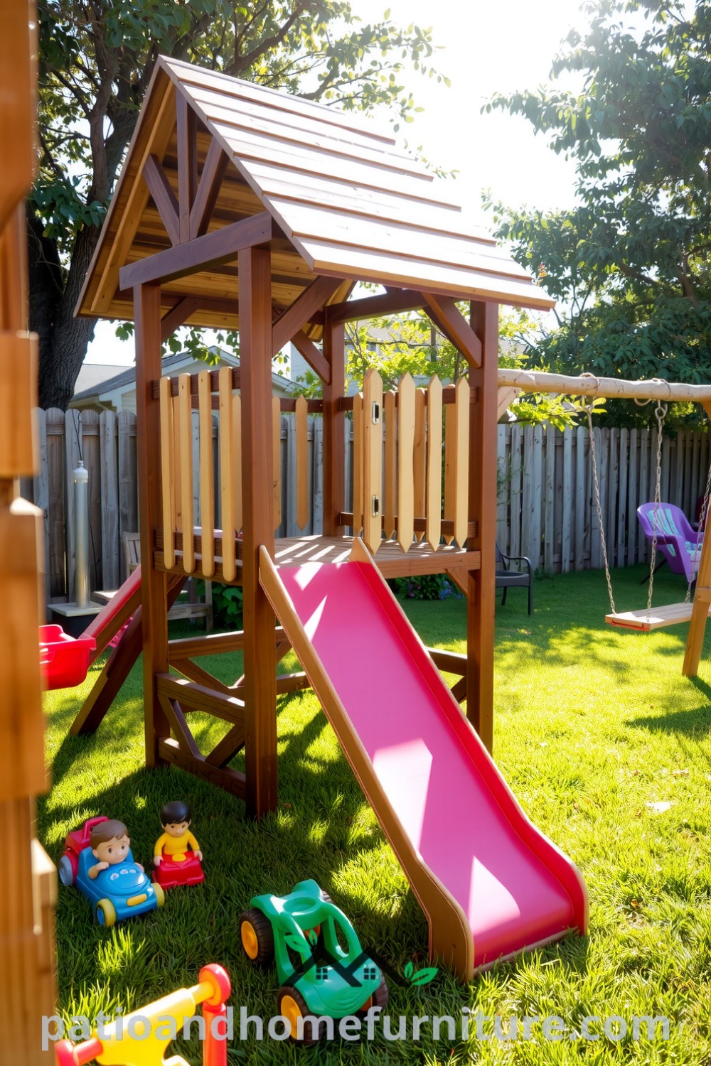 Classic wooden playset in a sunlit backyard with a weathered slide, surrounded by lush grass and colorful toys, creating a cozy and inviting space for children