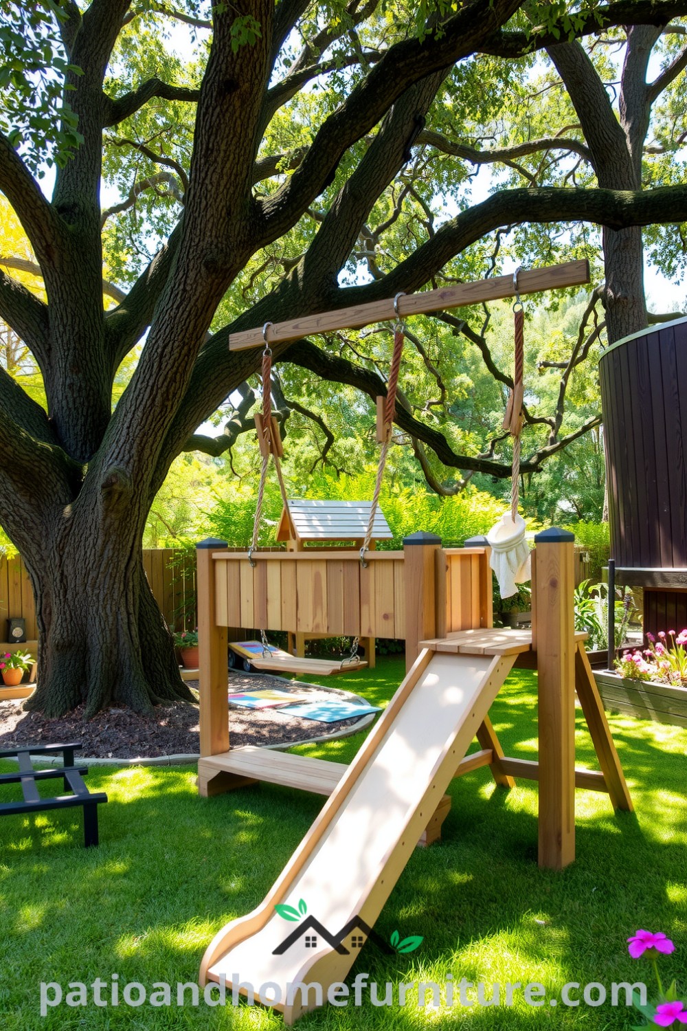 A cozy DIY backyard playground under a sprawling oak tree features a weathered wooden swing set and a rustic timber slide, surrounded by grassy play areas and colorful mats, offering inspiring ideas for creating unique outdoor spaces at fireplacesandwoodstoves.com.