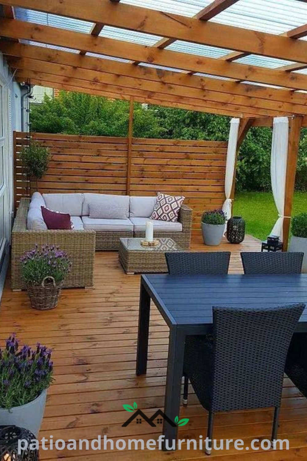 Wooden deck in a backyard featuring comfortable chairs, a stylish table, and a cozy hammock, surrounded by privacy screens and greenery, offering inspiring ideas for outdoor living at wellnesswink.com.