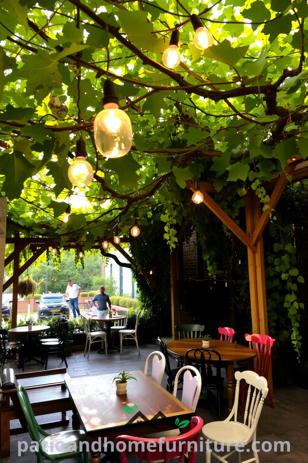 Cozy outdoor dining area beneath lush vines with weathered wooden tables and mismatched chairs, illuminated by twinkling string lights, creating an inviting atmosphere perfect for gatherings, featured at fireplacesandwoodstoves.com.