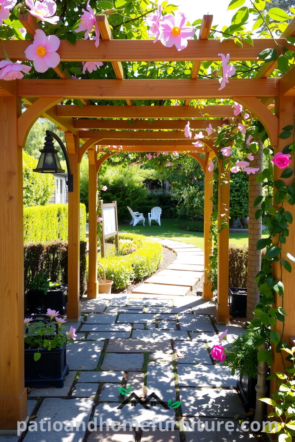 Floral wooden pergola in a garden adorned with climbing vines and colorful blossoms, sunlight casting shadows on a stone path, creating a cozy sanctuary ideal for relaxation and gatherings. Visit fireplacesandwoodstoves.com for more cozy home design ideas.