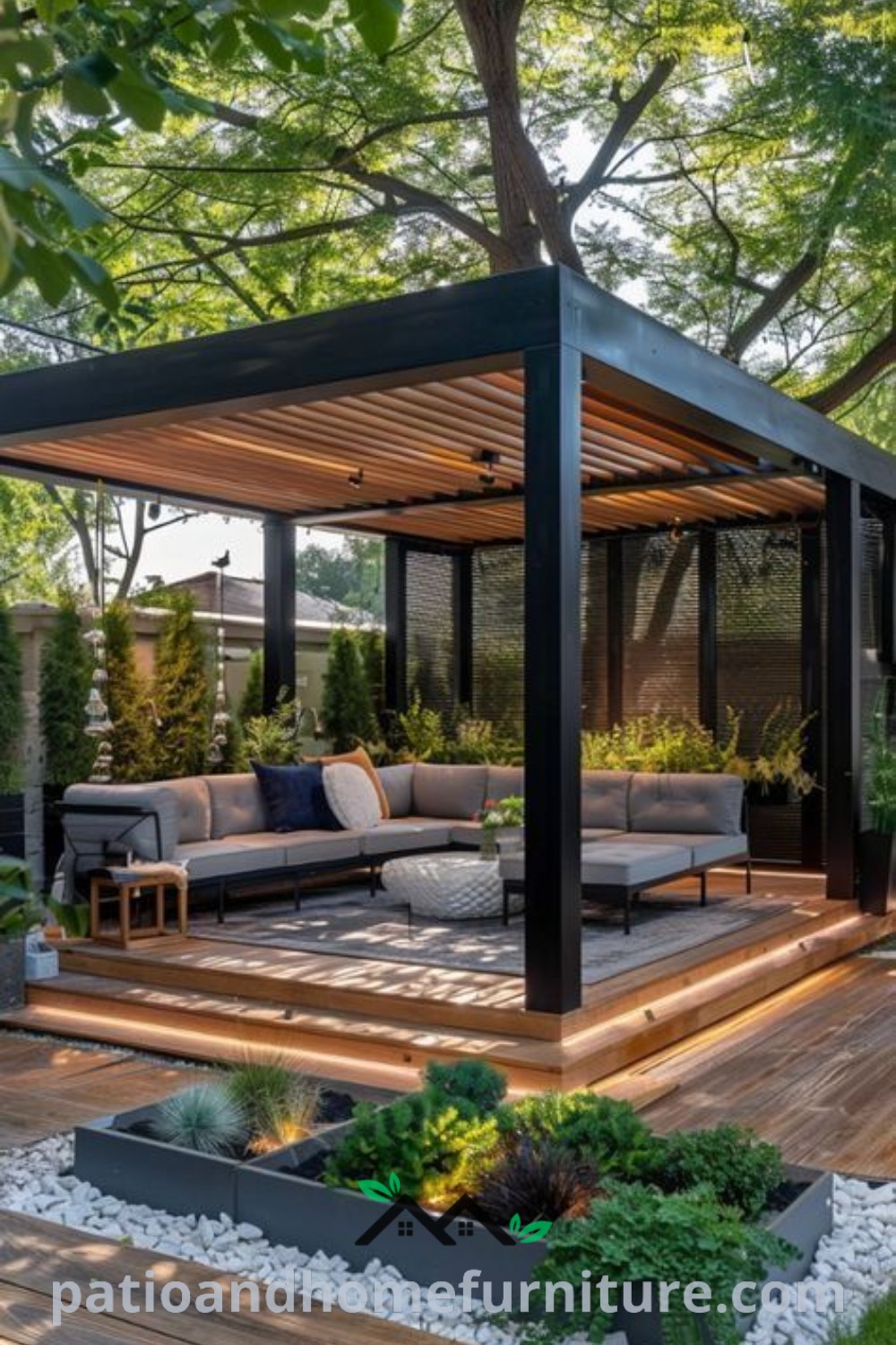 Inviting outdoor living area with wooden decking, surrounded by plants and trees, showcasing cozy design ideas and decor inspirations for enhancing your backyard oasis, featured on wellnesswink.com.