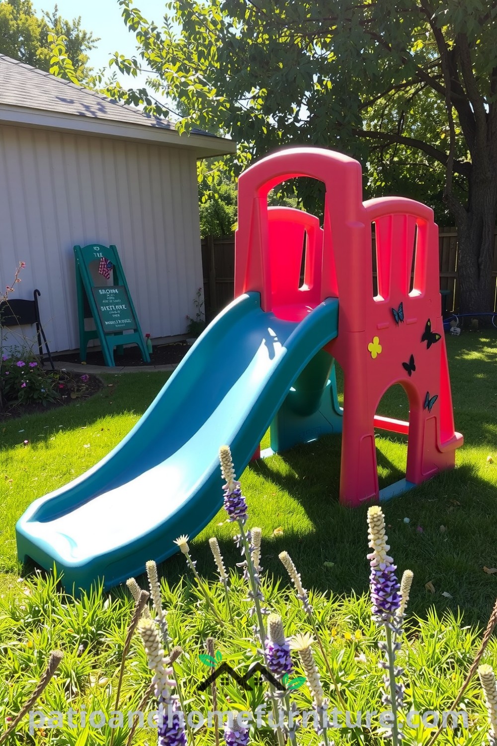 Colorful modular plastic playground in a sun-drenched backyard with faded colors, surrounded by wildflowers and butterflies, creating a lively atmosphere perfect for playdates, showcasing cozy ideas for outdoor decor at fireplacesandwoodstoves.com.