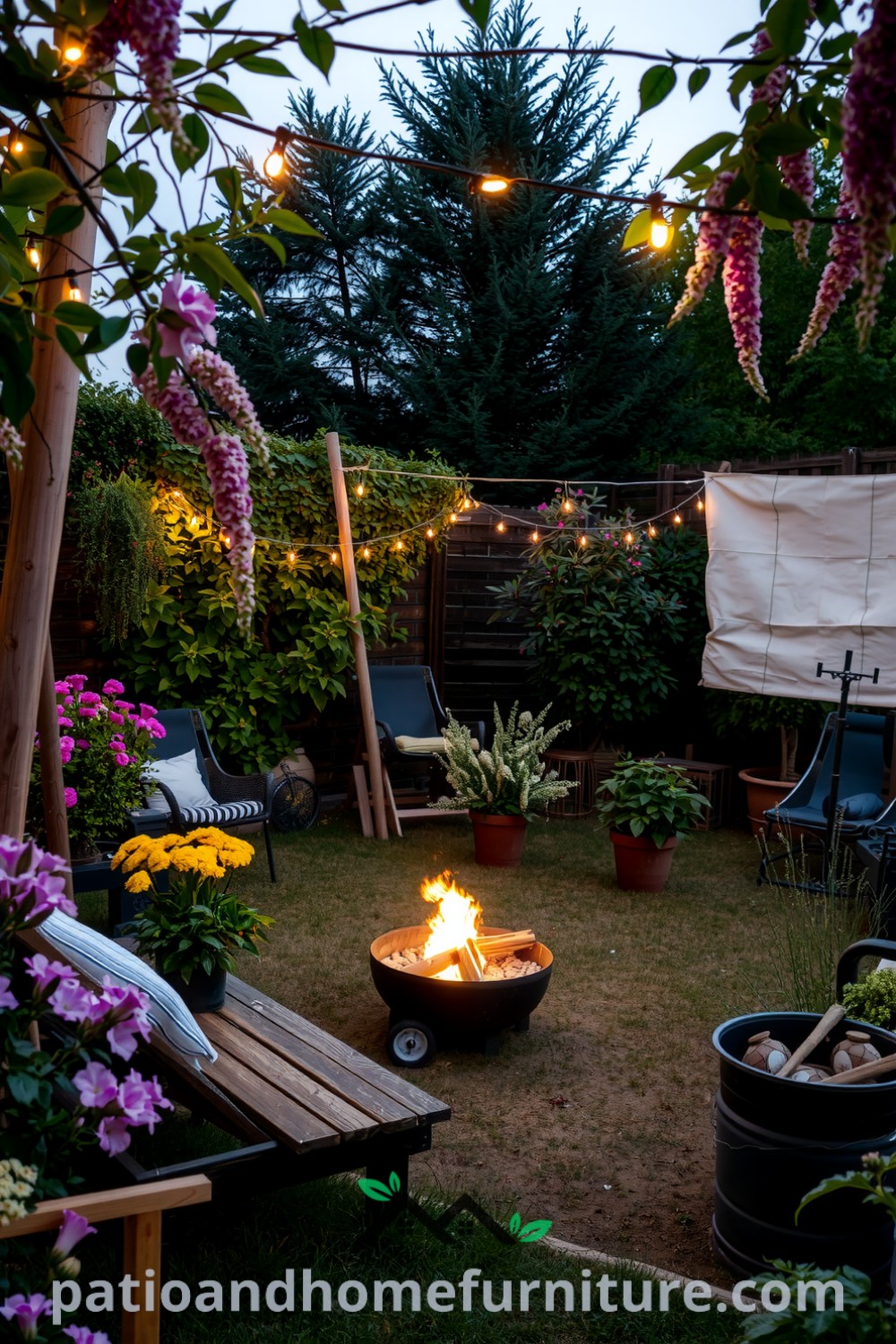 Backyard cinema in a garden setting with a canvas screen, rustic wooden seating, fairy lights, and a cozy fire pit, creating a warm and inviting atmosphere perfect for movie nights. Visit fireplacesandwoodstoves.com for cozy home decor ideas and inspirations.