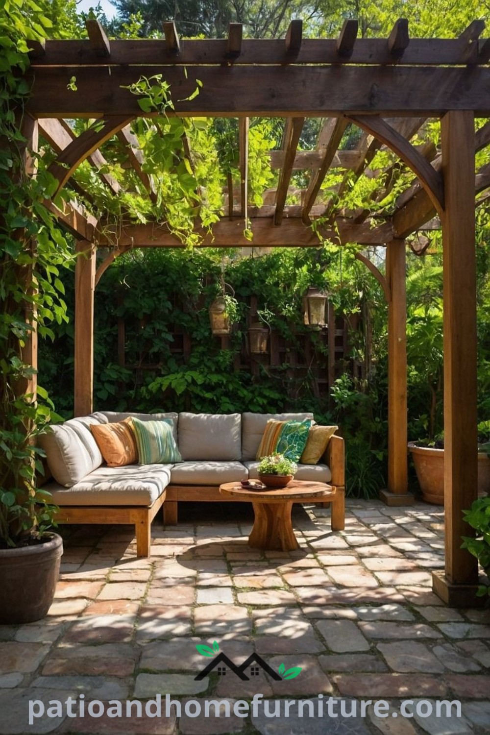 Outdoor living area with cozy couches, stylish tables, and potted plants, showcasing a beautiful pergola adding shade and charm, perfect for relaxation and gatherings, featured on wellnesswink.com.