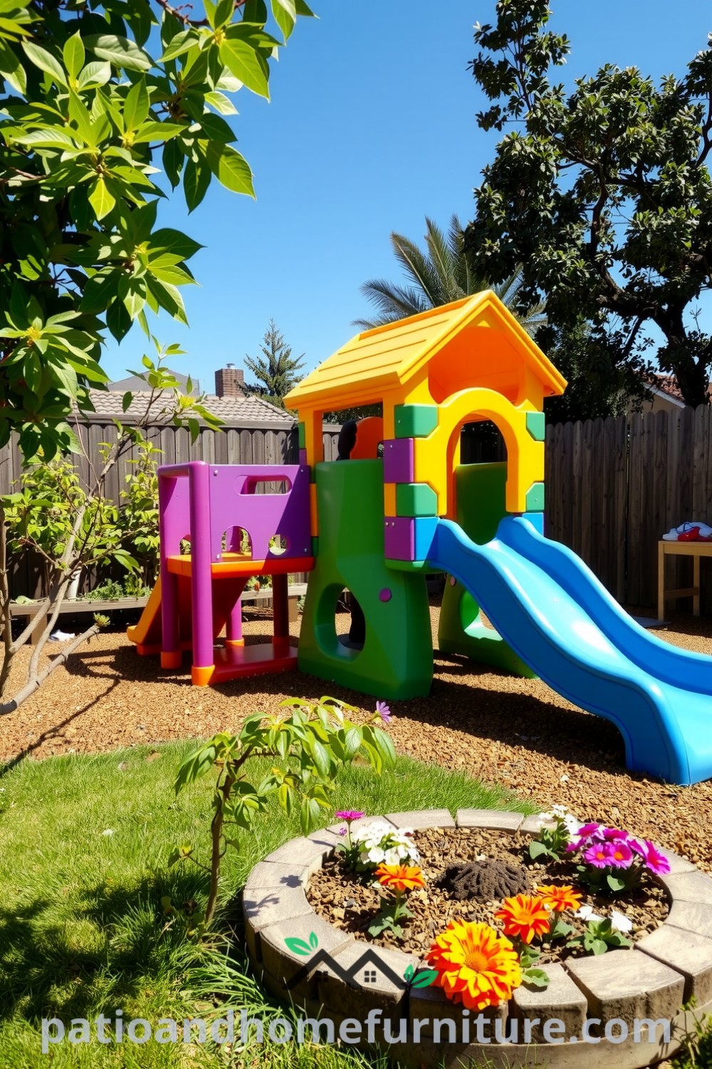 Vibrant modular plastic playground in a sun-drenched backyard, surrounded by well-tended grass and colorful flowers, creating a joyful atmosphere perfect for imaginative play, featured on fireplacesandwoodstoves.com.