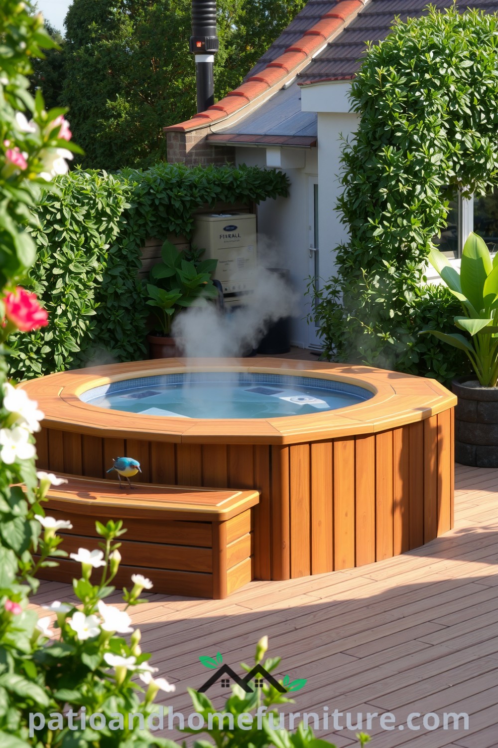 Deck-integrated hot tub nestled on a wooden terrace surrounded by lush greenery and blooming flowers, with steam rising from the water, creating a cozy and tranquil atmosphere, offering unique ideas for your home, visit fireplacesandwoodstoves.com for more decor inspirations.