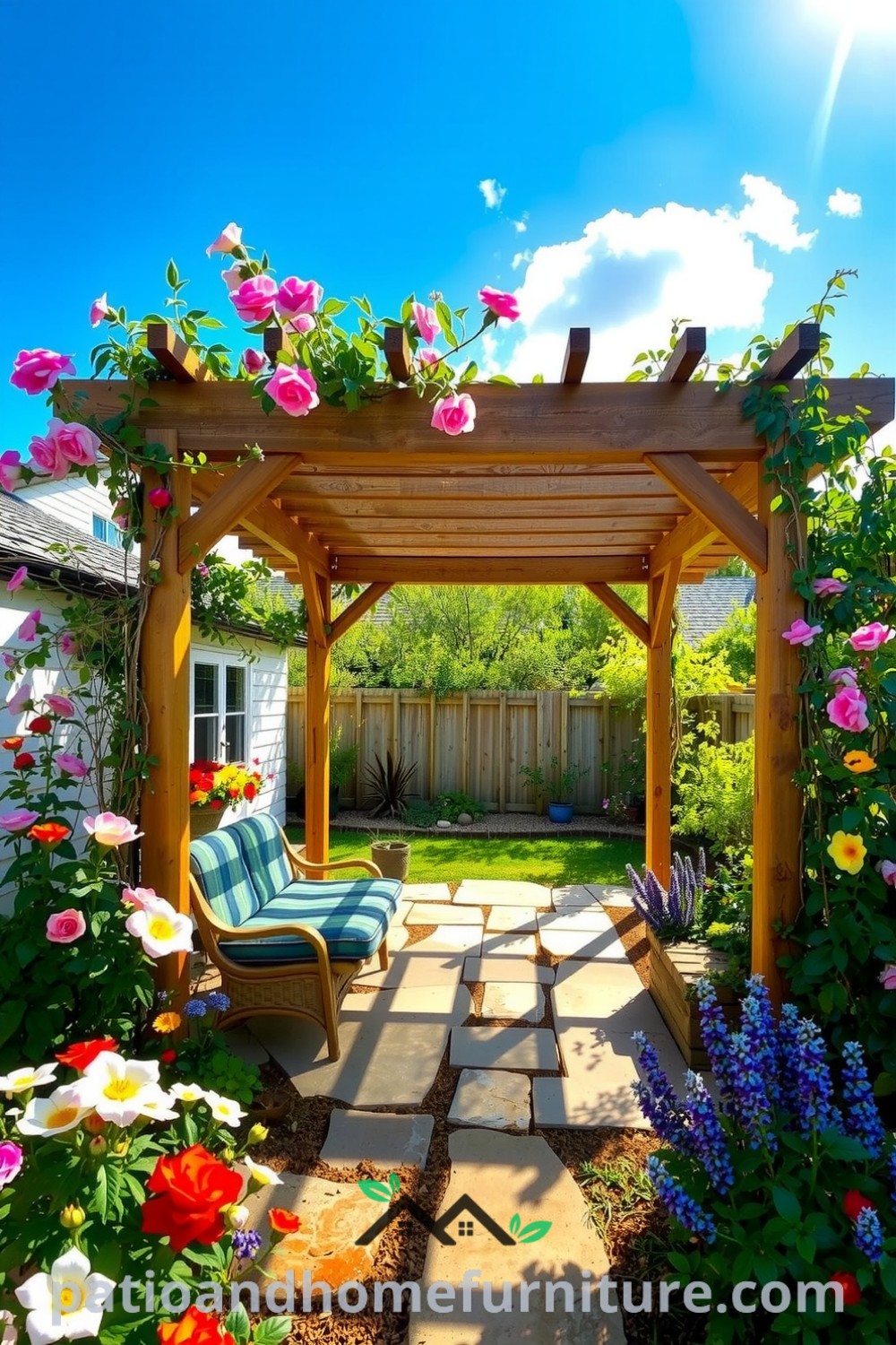 Cozy floral pergola surrounded by vibrant blooming flowers and climbing vines, featuring sunlight filtering through the wooden beams, casting shadows on the stone patio, offering inspiring decor ideas for cozy home retreats. Visit fireplacesandwoodstoves.com for unique decor inspirations.