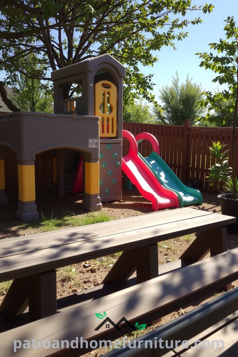 Colorful modular playground in a sunlit backyard with a weathered wooden bench, showcasing faded bright colors, climbing walls, and a slide, inspired by cozy ideas for outdoor spaces at fireplacesandwoodstoves.com.