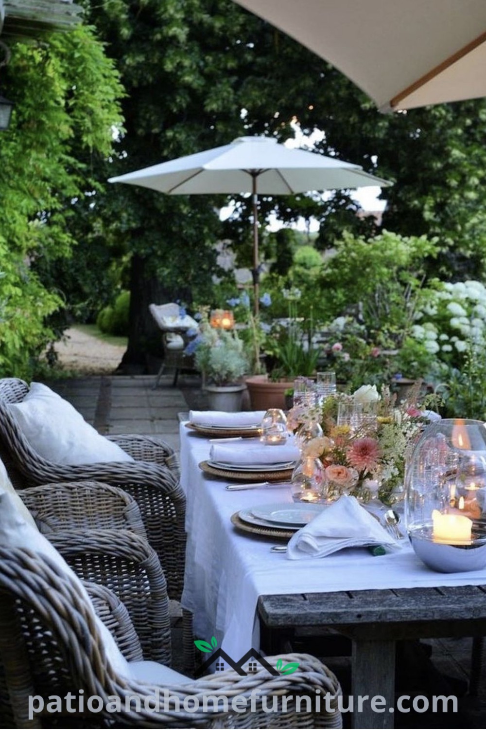 Charming outdoor dining area with wicker chairs and white tablecloths set for dinner, featuring cozy ideas and decor inspirations for your home at wellnesswink.com.