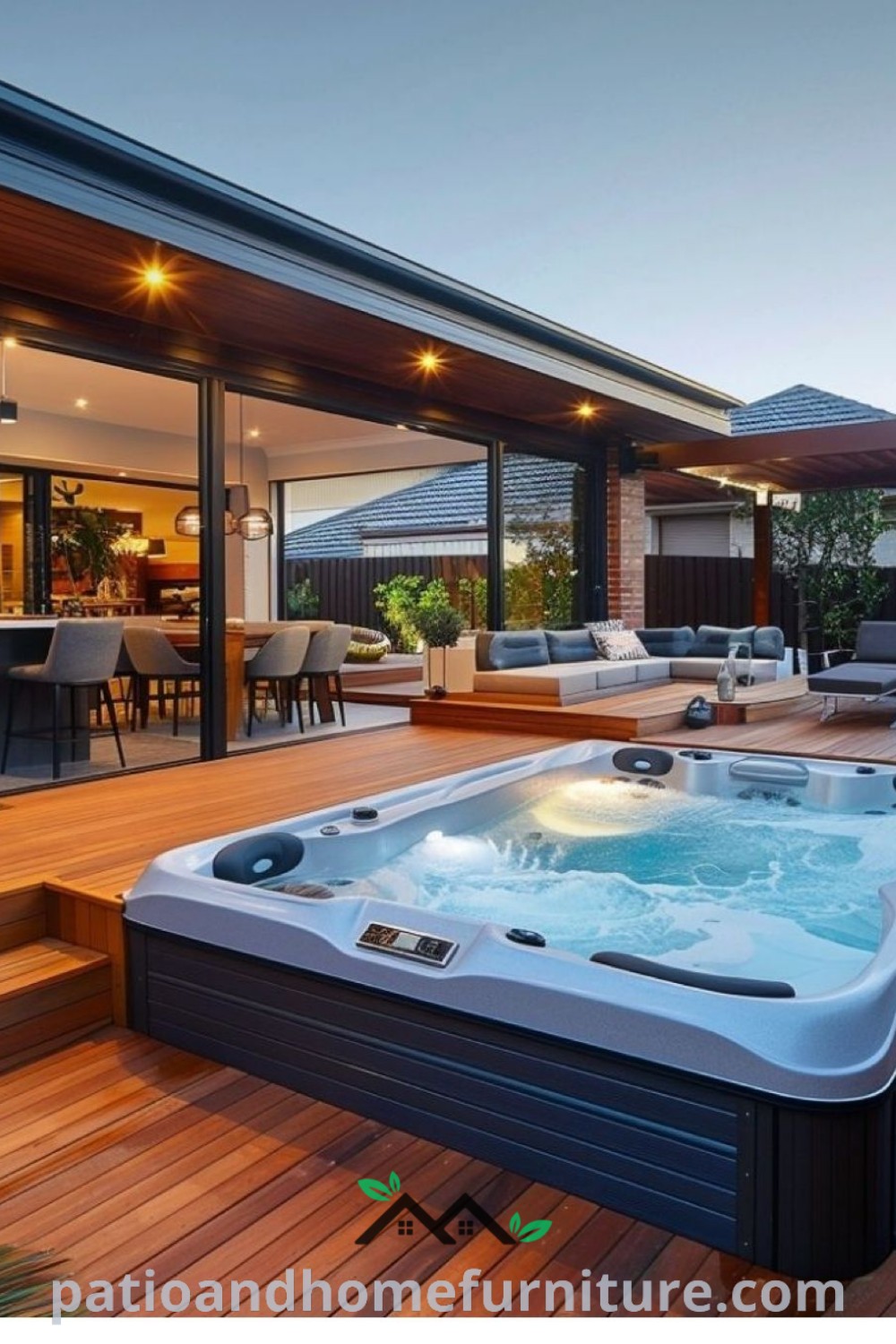 A large hot tub on a wooden deck beside a patio area, offering cozy ideas and design inspirations for a tranquil backyard retreat, perfect for relaxation and entertaining, featured on wellnesswink.com.