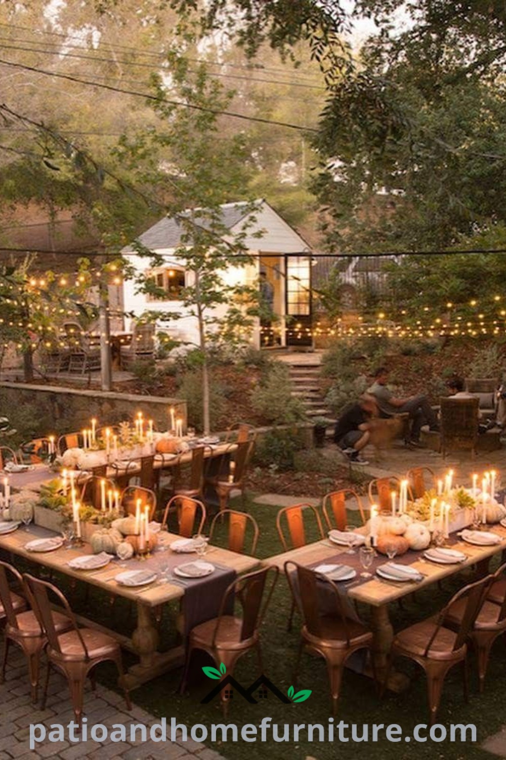 Cozy outdoor dining area set for Thanksgiving dinner with candles on tables and chairs, creating a warm atmosphere, featuring decorative elements that inspire unique outdoor dinner ideas for your home, as seen on wellnesswink.com.