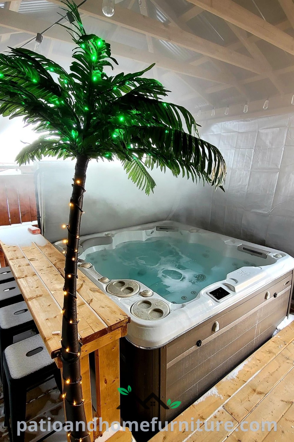 Indoor hot tub with a palm tree next to it, ambient lights on the side, creating a cozy oasis in a stylish setting, showcasing unique ideas for decor and relaxation at wellnesswink.com.
