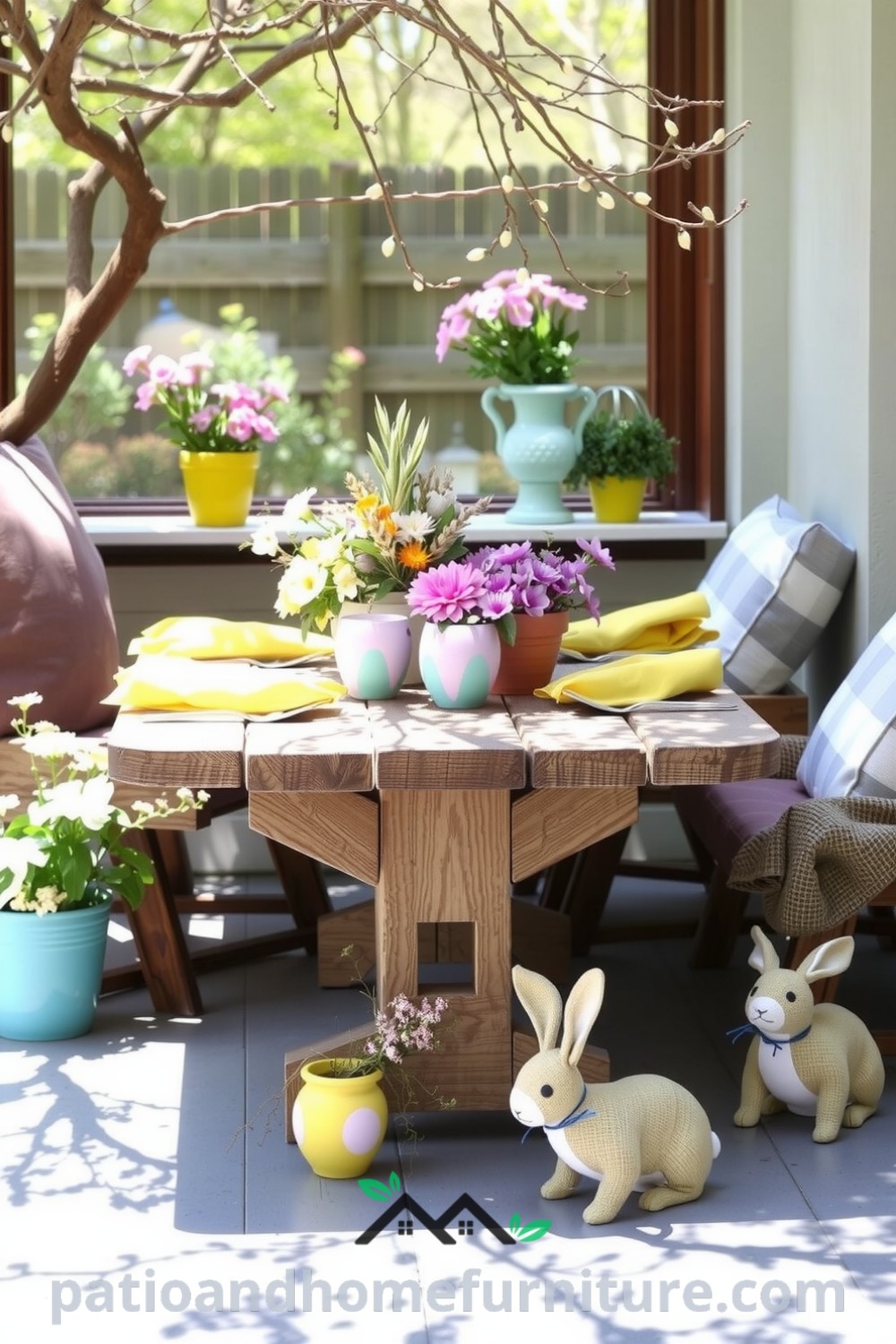 Easter patio decor with pastel flower pots, hand-painted eggs, a rustic wooden table set with bright napkins and wildflowers, and burlap bunnies peeking from corners, creating a cozy and festive outdoor atmosphere, perfect for unique design ideas, inspirations, and decor ideas for your home at fireplacesandwoodstoves.com.