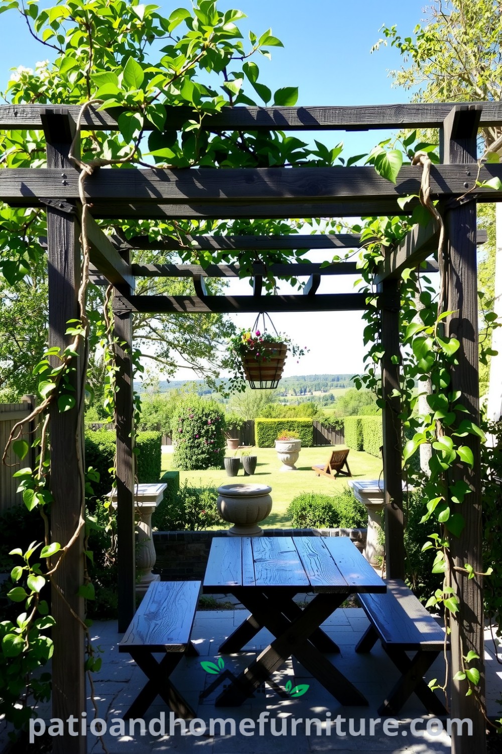 Freestanding pergola framing a serene garden view, with weathered wooden beams and climbing vines, featuring a rustic table for gatherings, perfect for cozy home inspirations and decor ideas at fireplacesandwoodstoves.com.