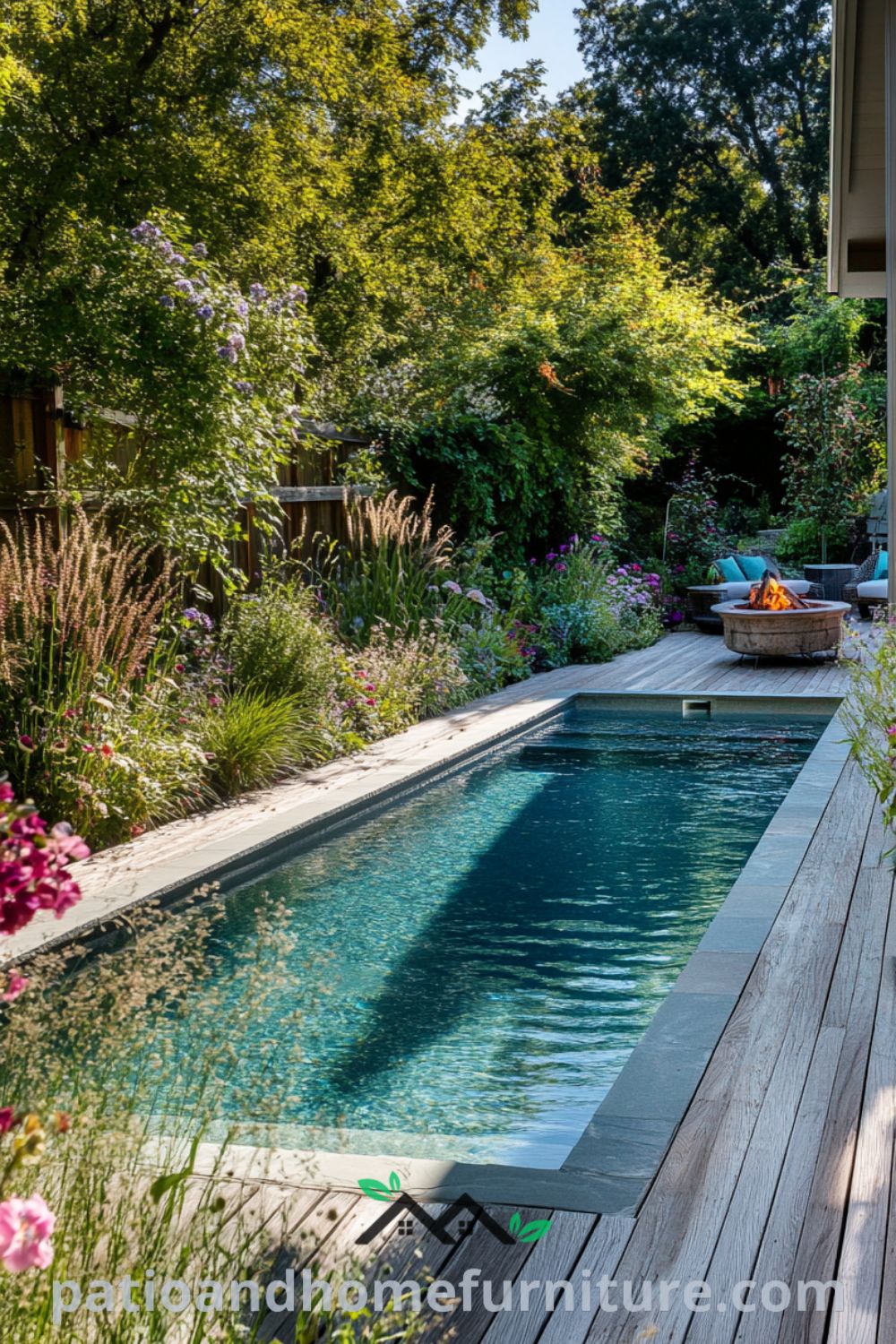Inviting backyard oasis design with above ground pool, cozy fire pit, and lush landscaping details from patioandhomefurniture.com showcasing inspiring backyard pool ideas and unique outdoor living space decor.