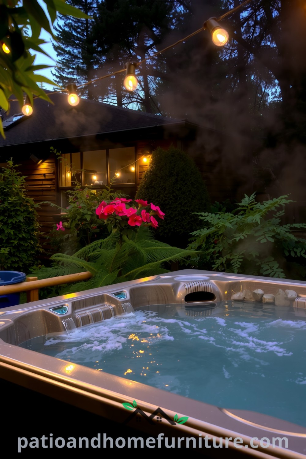 Hot tub on a wooden deck surrounded by lush greenery and fairy lights, featuring a weathered wooden exterior and river stones, inspiring cozy home design ideas and decor inspirations at fireplacesandwoodstoves.com.