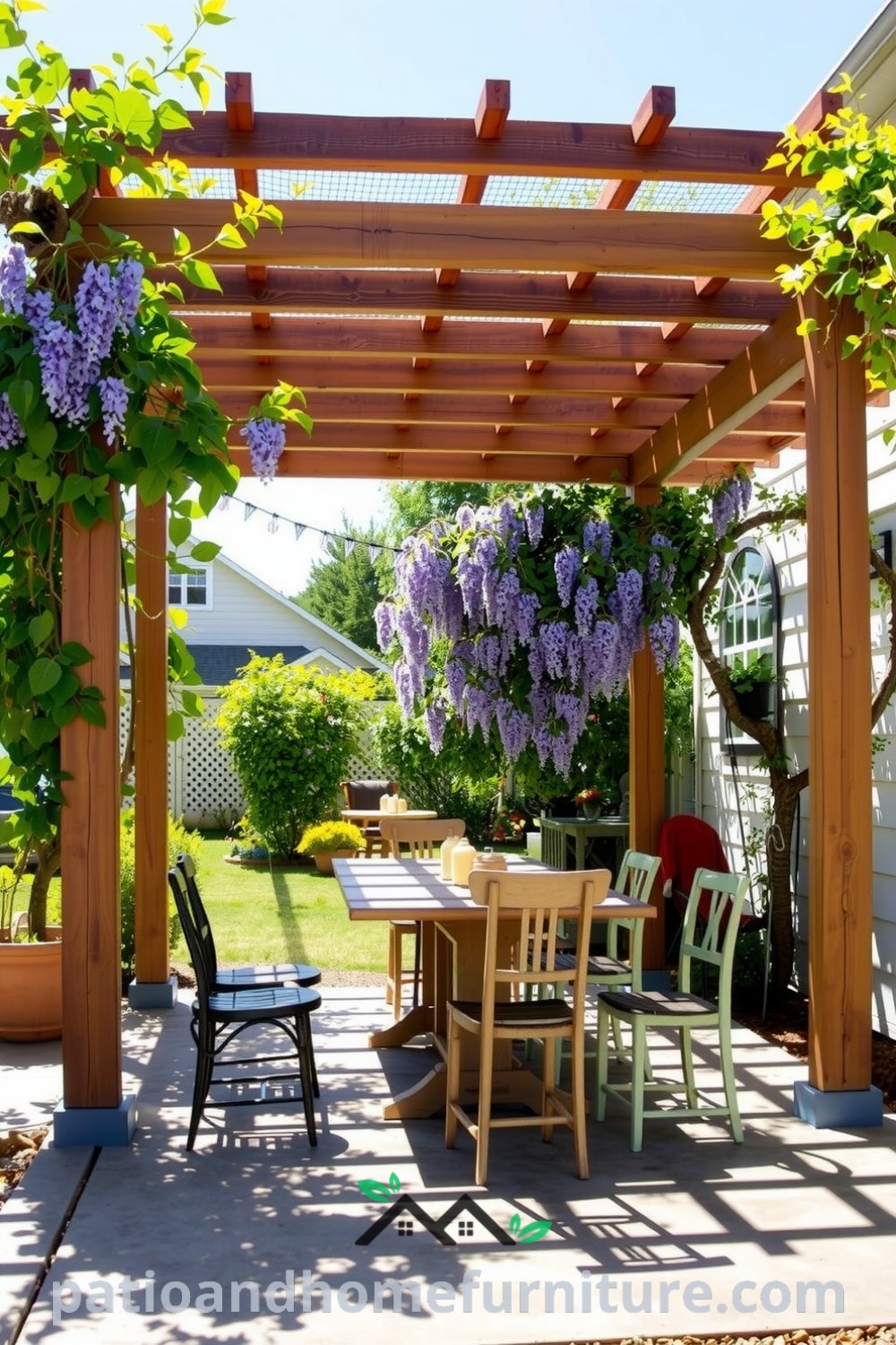 Cozy backyard with a freestanding pergola draped in wisteria and ivy, featuring a rustic dining table with mismatched chairs, creating an inviting outdoor retreat, ideal for gatherings and entertaining, with serene natural sounds and dappled sunlight enhancing the atmosphere. Visit fireplacesandwoodstoves.com for unique ideas.