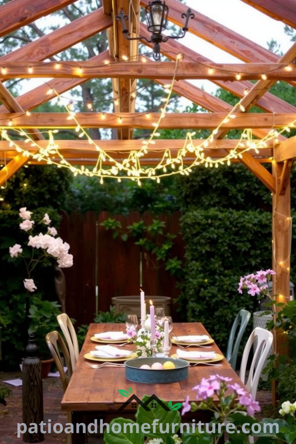 Romantic outdoor dining setup with reclaimed wood table, mismatched chairs, and twinkling fairy lights surrounded by lush greenery and fragrant flowers, offering cozy ideas for your home and unique decor inspirations at fireplacesandwoodstoves.com.
