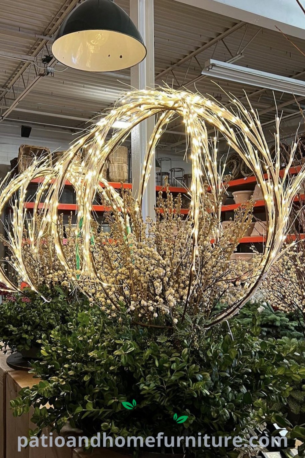 A cozy store arrangement showcasing winter pots with plants below warm hanging lights, featuring winter containers and garden decor ideas for festive outdoor spaces, from wellnesswink.com.