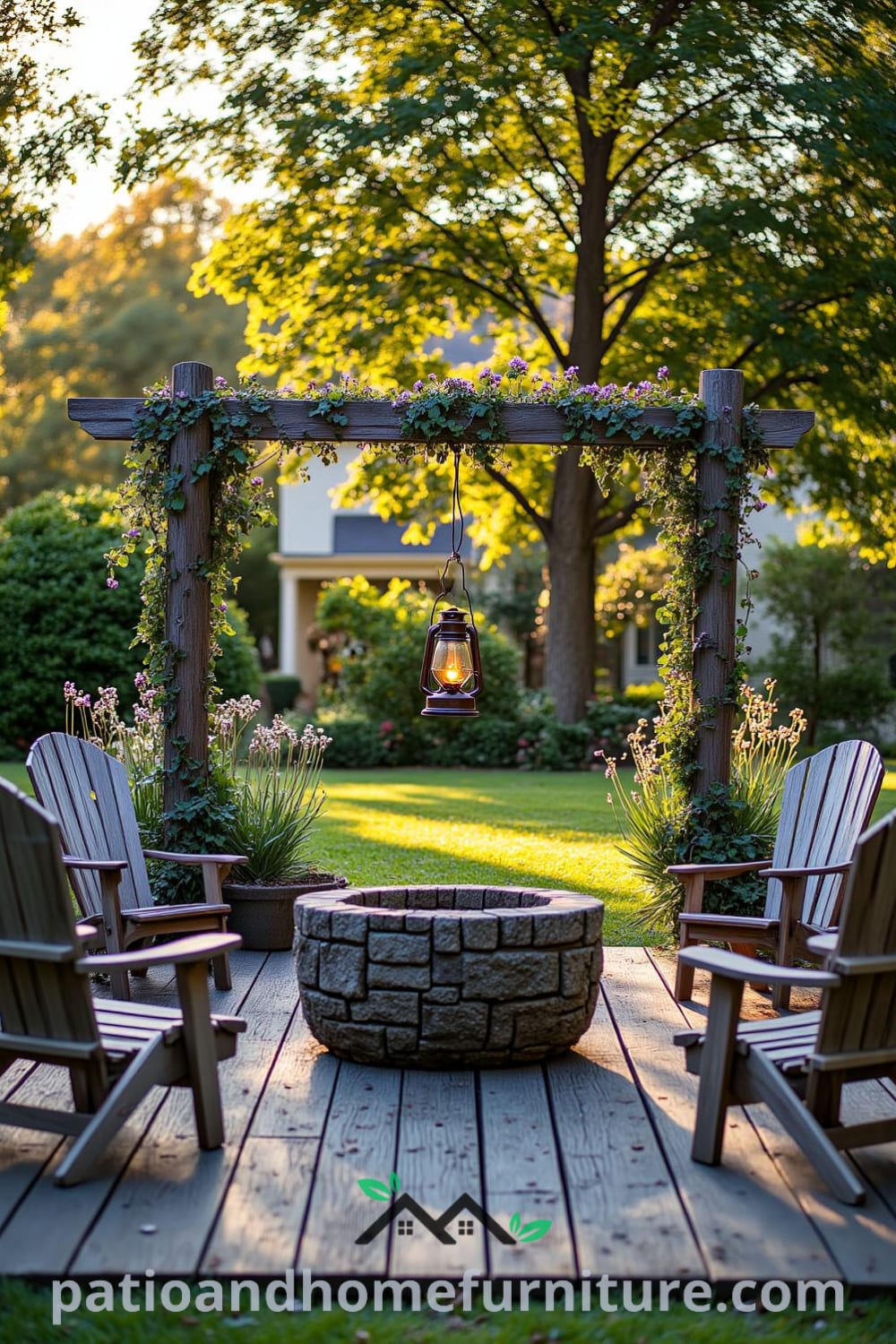 Cozy backyard with a circular stone fire pit surrounded by mismatched chairs, vibrant wildflowers, and a rusted lantern hanging from a tree, creating a warm, inviting atmosphere for gatherings. For more unique ideas, visit fireplacesandwoodstoves.com.