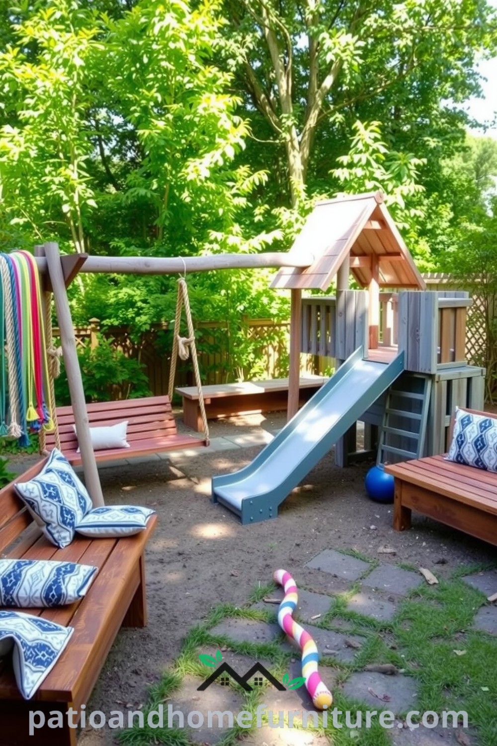 DIY playground in a sun-drenched backyard showcasing a wooden swing set, slide, and climbing wall, surrounded by lush greenery and cozy benches with cushions, offering unique ideas for inspiring outdoor play areas, visit fireplacesandwoodstoves.com.