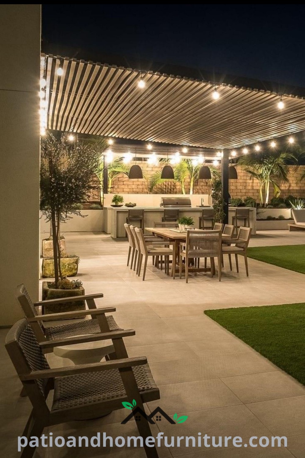 Cozy outdoor dining area illuminated by string lights at night, featuring comfortable seating and a rustic dining table, creating a warm and inviting atmosphere for gatherings, with engaging decor ideas from wellnesswink.com.