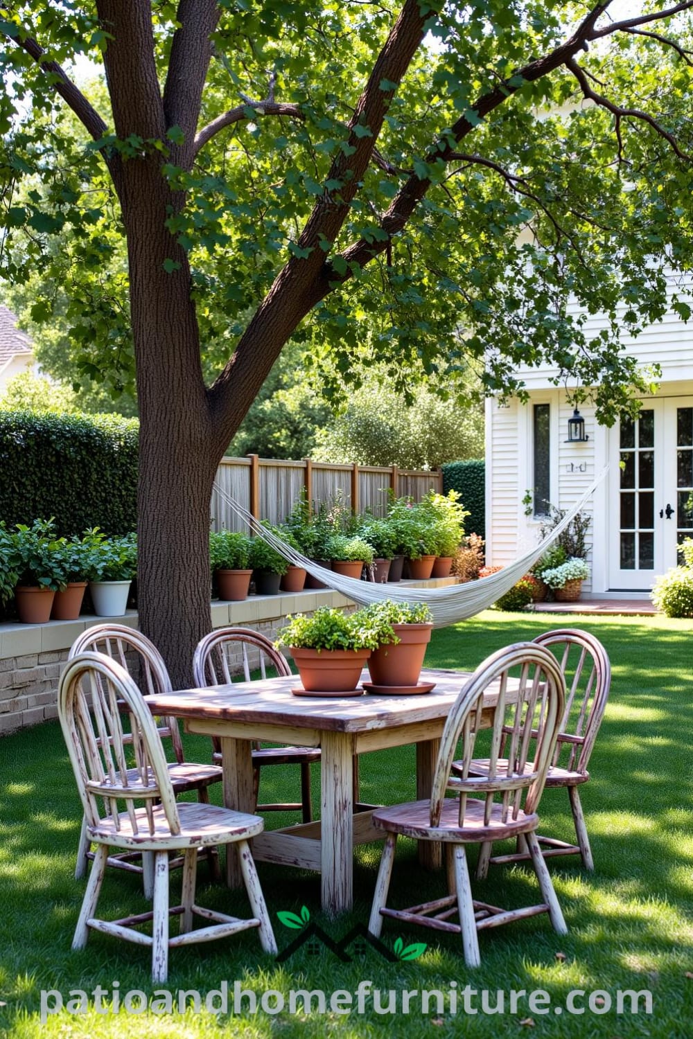 Cozy backyard featuring a weathered wooden table surrounded by mismatched chairs, potted herbs creating inviting aromas, and a gently worn hammock swaying between trees, offering inspiring and unique ideas for your home at fireplacesandwoodstoves.com.