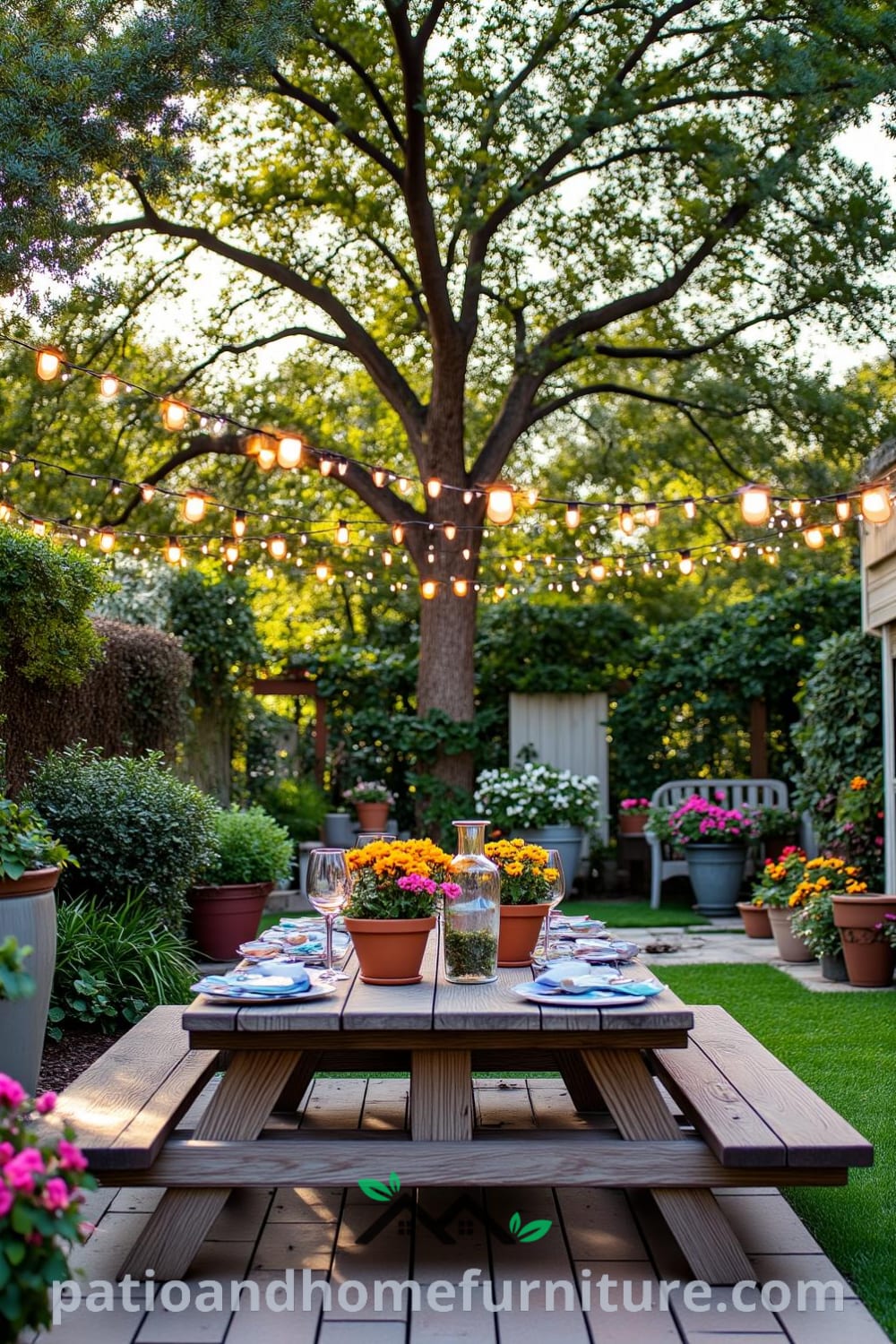Cozy backyard design with a weathered wooden deck, vibrant potted plants, a sturdy picnic table under an oak tree, and warm fairy lights creating an inviting atmosphere for family gatherings at fireplacesandwoodstoves.com.
