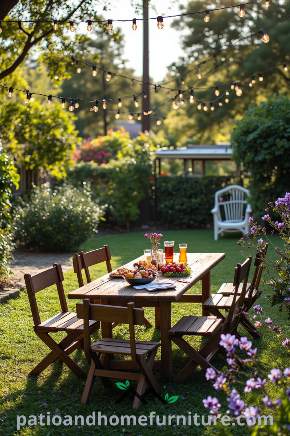 A cozy backyard gathering with a weathered wooden picnic table surrounded by mismatched chairs, twinkling string lights overhead, and a patch of wildflowers swaying in the breeze, creating a warm and inviting atmosphere for family and friends, featuring cozy decor ideas from fireplacesandwoodstoves.com.