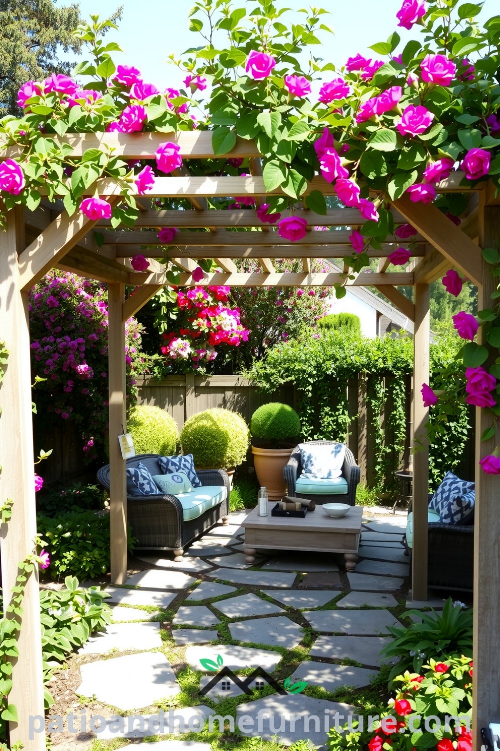 Backyard floral pergola with climbing vines and vibrant blooms over a rustic wooden patio, featuring weathered stone pathways and inviting seating areas with mismatched cushions, offering cozy ideas and unique decor inspirations for your home at fireplacesandwoodstoves.com.