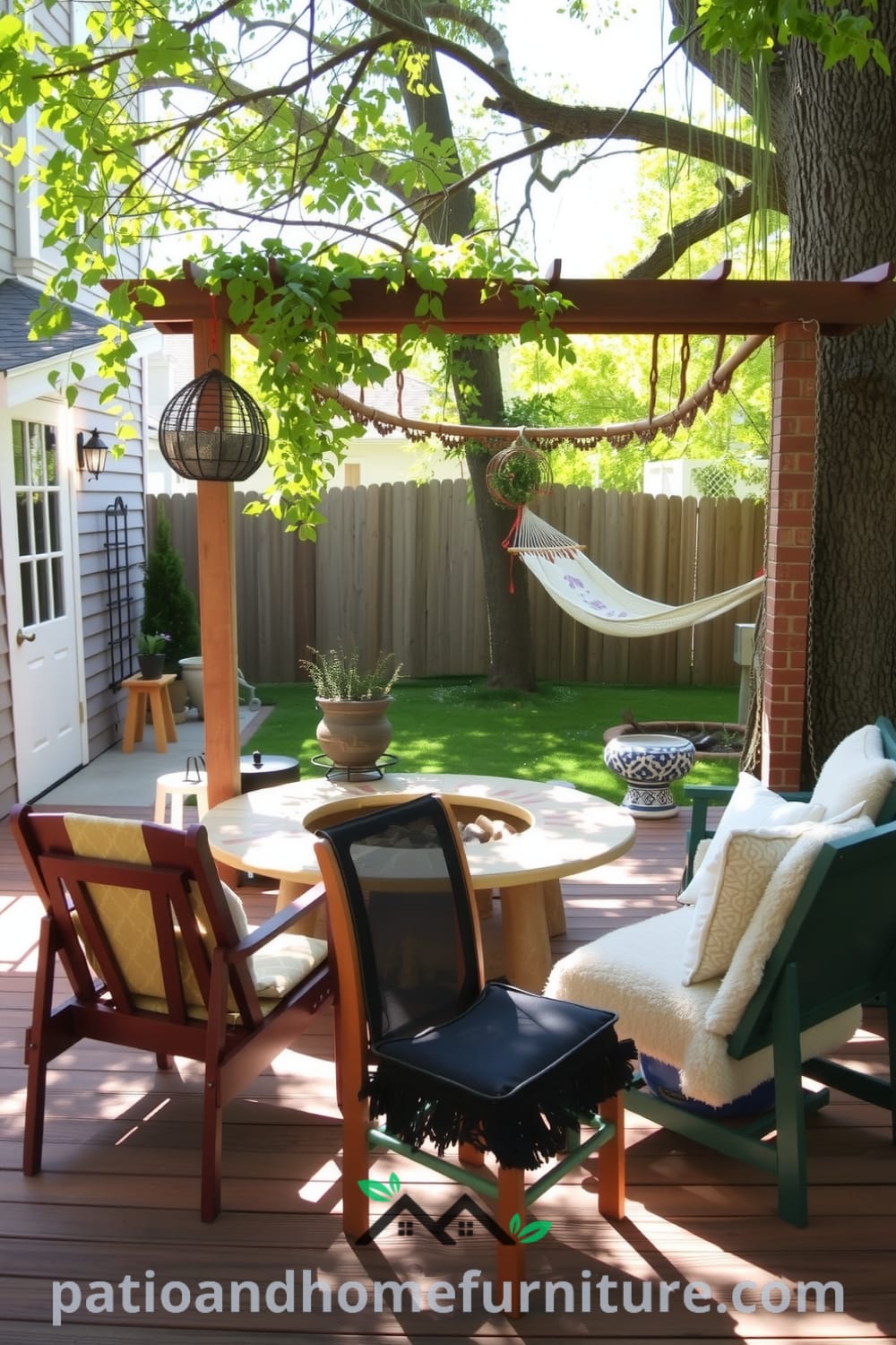 Backyard gathering area featuring a rustic wooden fire pit, mismatched chairs, climbing vines on a trellis, a mosaic-tiled table with potted herbs, and a cozy hammock strung between trees, highlighting unique decor ideas for a cozy home at fireplacesandwoodstoves.com.