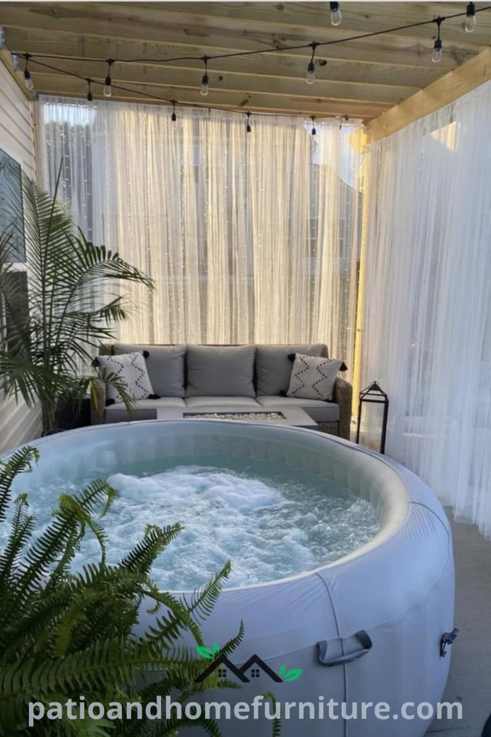 Cozy hot tub in a living room next to a couch, showcasing unique design ideas for a home spa, with inviting decor inspirations that enhance comfort and relaxation. Visit wellnesswink.com for more cozy ideas.