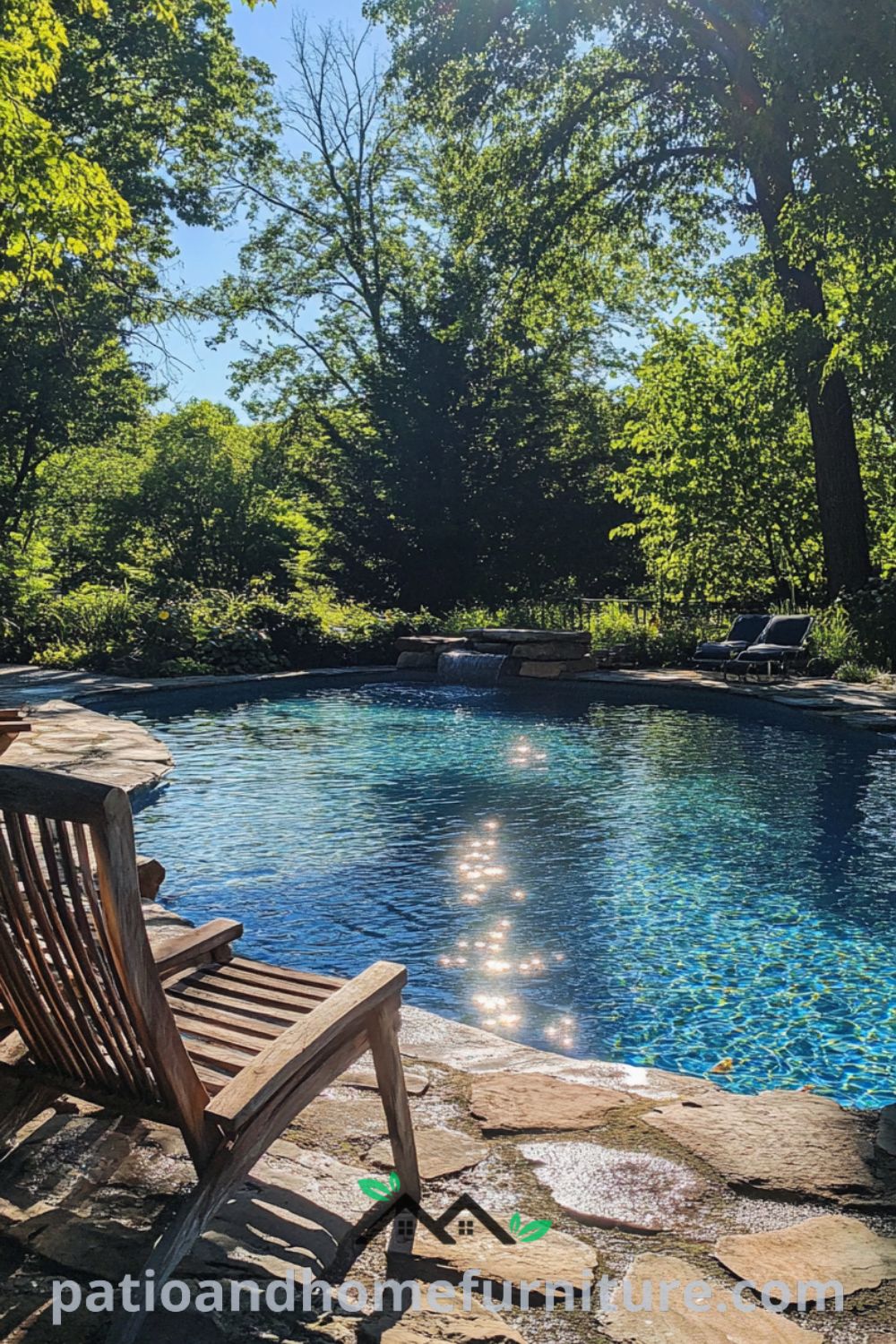 Backyard with a blue pool surrounded by smooth stones and green plants, featuring wooden lounge chairs, creating a cozy retreat perfect for summer relaxation. Visit fireplacesandwoodstoves.com for more cozy ideas and decor inspirations.