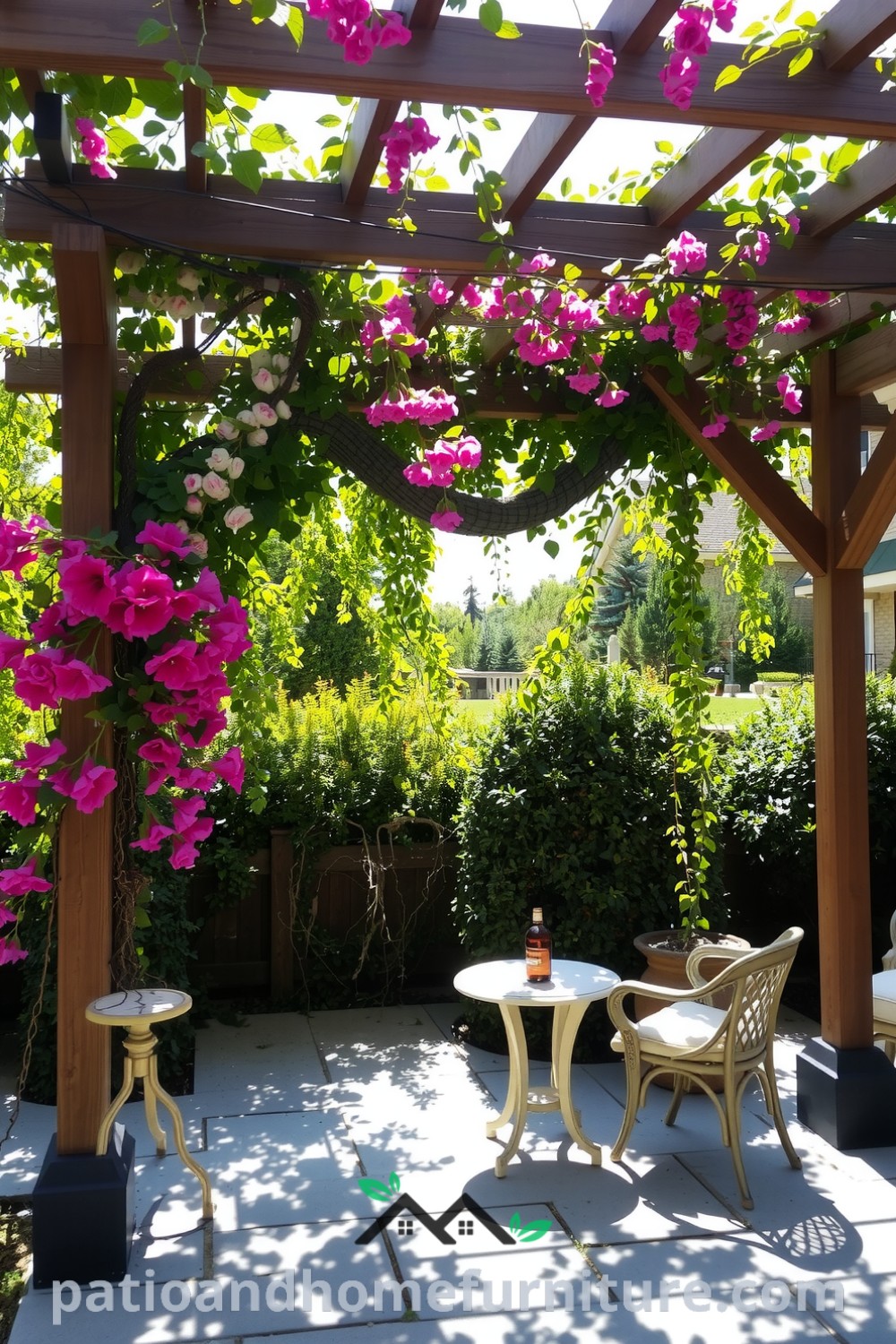 Wooden pergola adorned with vibrant flowers and cascading vines in a serene outdoor garden, featuring a stone patio with weathered furniture, creating a cozy retreat for relaxation or gatherings, showcasing unique decor ideas for your home on fireplacesandwoodstoves.com.